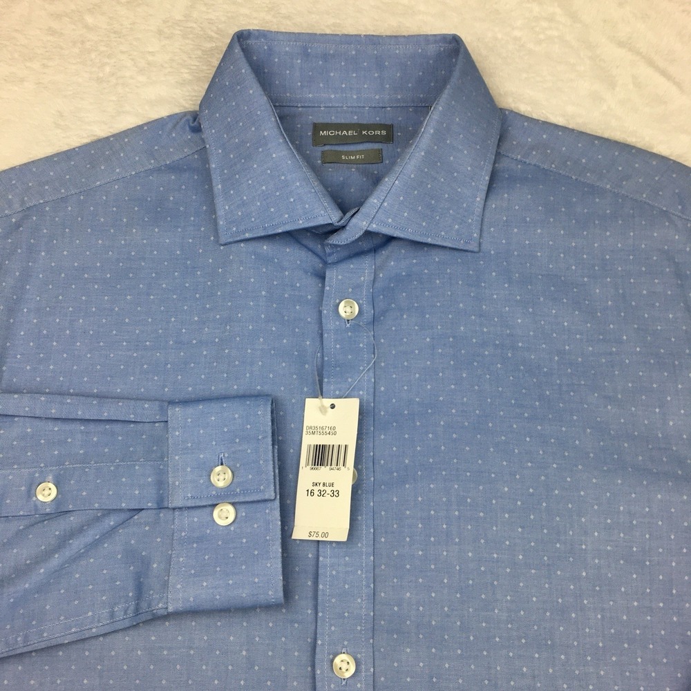 Michael Kors Dress Shirt Mens 16-32/33 Sky Blue w/Dots Slim Fit Long Sleeve NWT!